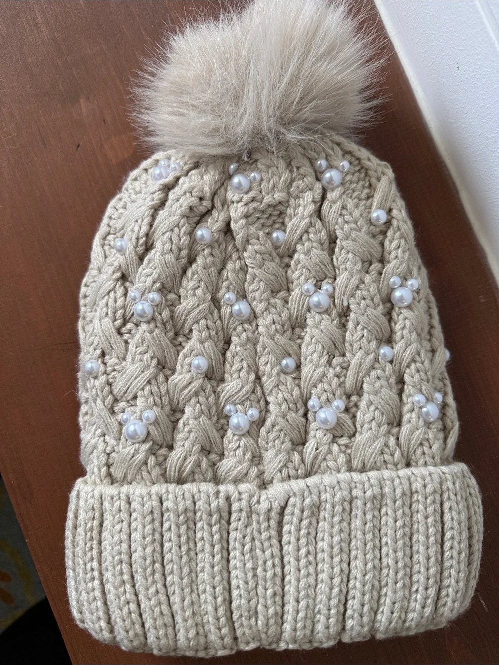 Pearl-Embellished Knit Pom Beanie - Cream
